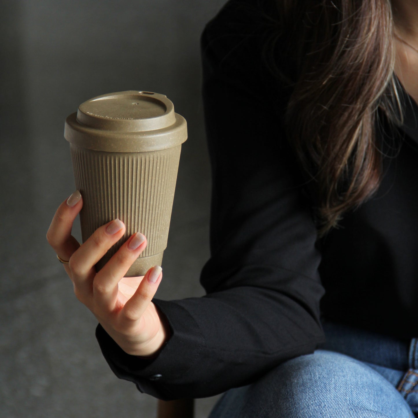 Essential Cardamom Beige Reusable Coffee Cup 10oz Lifestyle